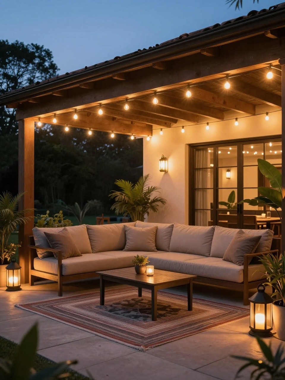 Image Prompt: A covered patio at dusk with warm string lights hanging under the roofline, cushioned sofa, layered outdoor rug, small coffee table, side lanterns, potted plants, cozy glowing evening atmosphere, no people, realistic editorial outdoor photo, no text, (no watermarks on images)