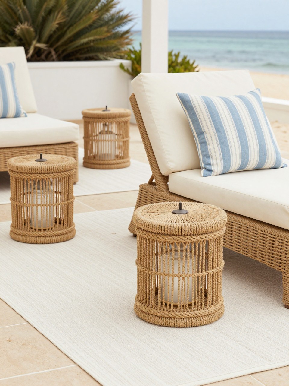 Image Prompt: A charming coastal patio with rope-accent side tables and rope-wrapped lanterns, woven lounge chairs, cream cushions, blue striped throw pillow, pale outdoor rug, white and sandy color palette, bright natural light, elegant seaside decor feel, no people, realistic DSLR photo, no text, (no watermarks on images)