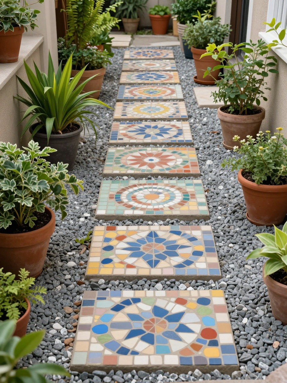 Image Prompt: A creative side yard pathway with colorful mosaic tile stepping stones, gravel between each stone, potted plants, soft greenery, playful but elegant outdoor design, compact garden walkway, realistic DSLR photo quality, no people, no watermarks on images.