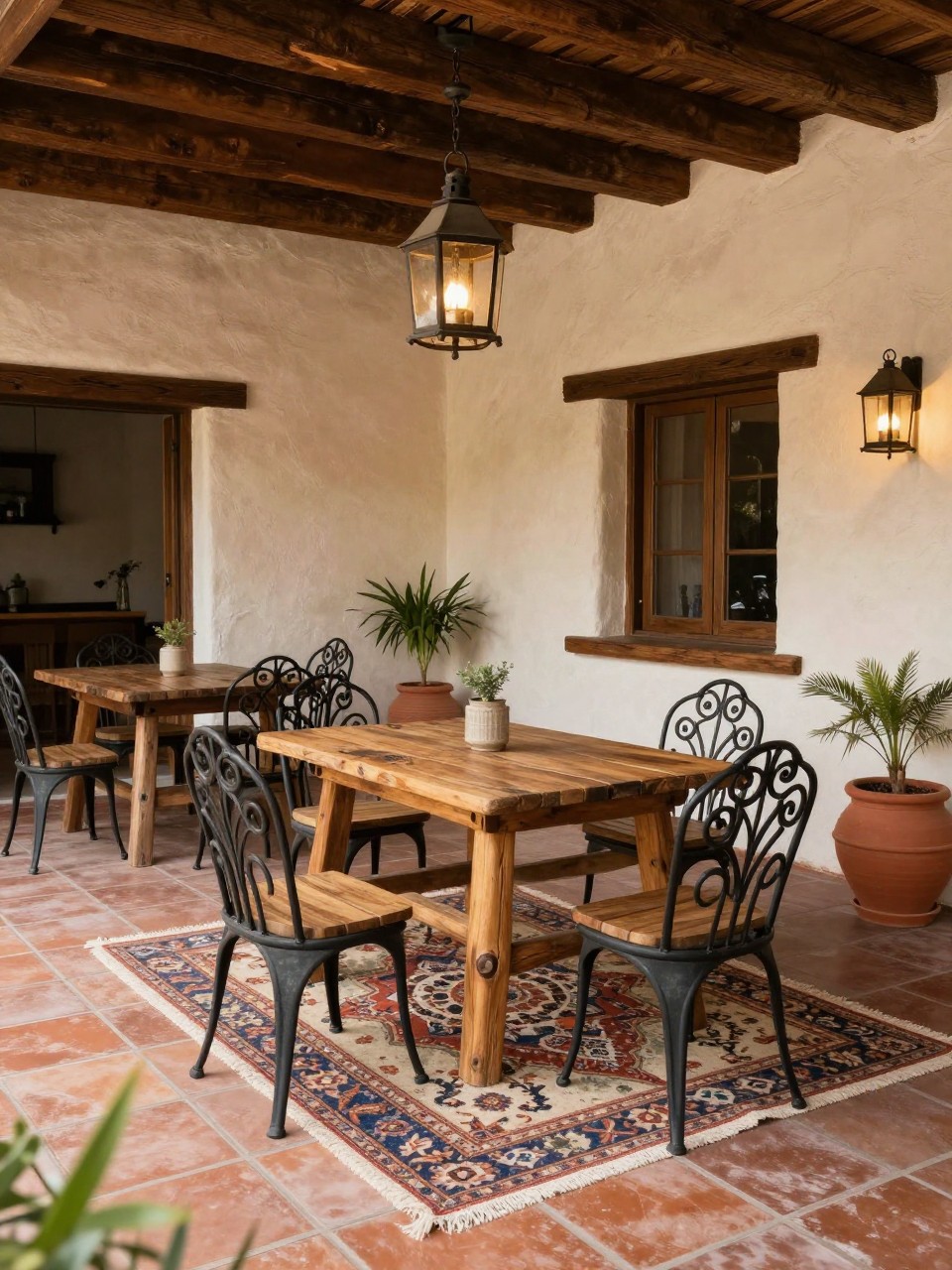 Image Prompt: A warm Mexican patio with rustic wooden furniture, black wrought iron chairs and lanterns, terracotta tile floor, stucco walls, patterned outdoor rug, clay pots with greenery, inviting and grounded backyard atmosphere, no people, realistic DSLR image, no text, (no watermarks on images)