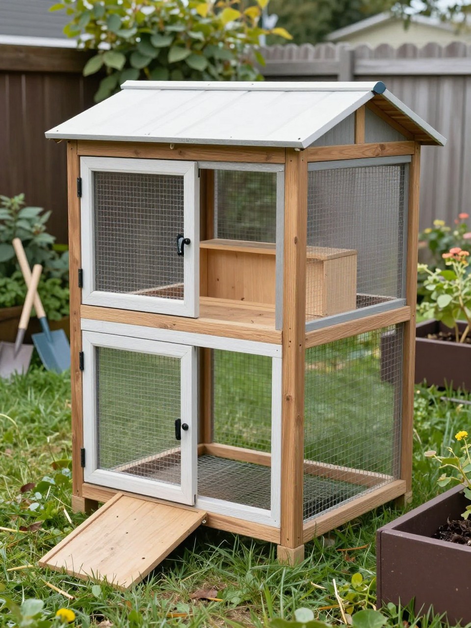 A realistic small chicken coop made from a repurposed old garden shed, with added chicken door, short ramp, secure wire run attached to one side, simple nesting boxes inside, mesh-covered window for airflow, backyard setting with grass, garden tools, and raised planters nearby, practical low-budget homestead style, no people, no text, (no watermarks on images).