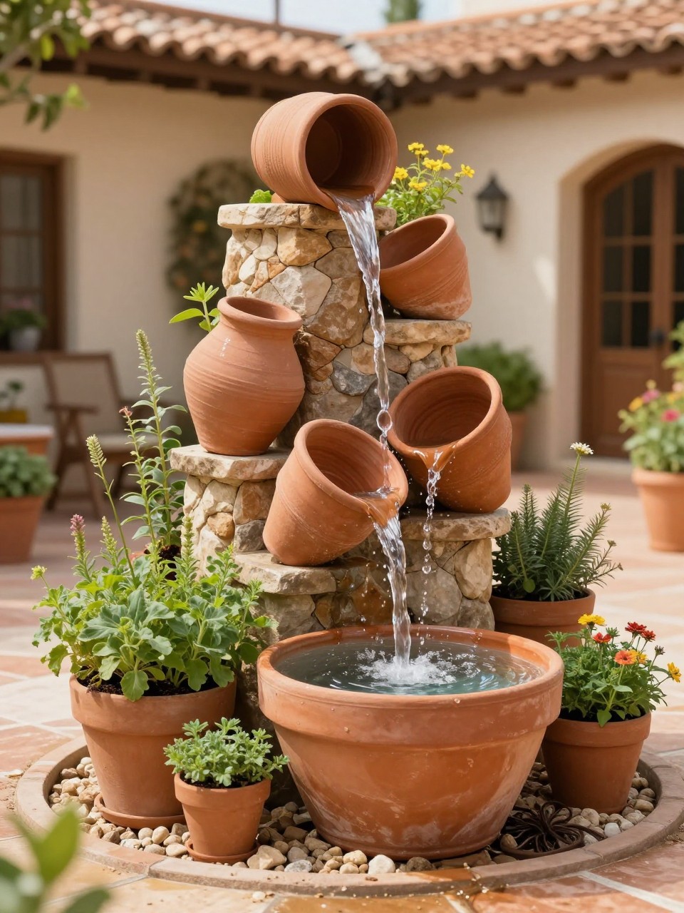 Image Prompt: A creative terracotta pot cascade waterfall, several terracotta pots tilted at different heights with water flowing from pot to pot, herbs, flowers, gravel base, warm Mediterranean-style patio garden, realistic DSLR photo quality, no people, no watermarks on images.
