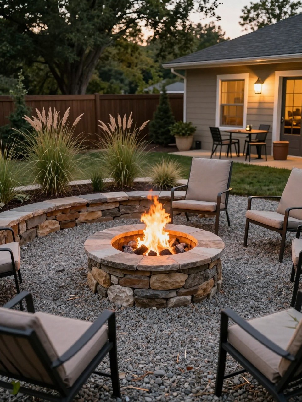 Image Prompt: A cozy no grass backyard with a circular stone fire pit area, gravel ground, outdoor chairs, built-in stone edging, ornamental grasses, warm evening lights, rustic premium backyard gathering space, realistic DSLR photo quality, no people, no watermarks on images.