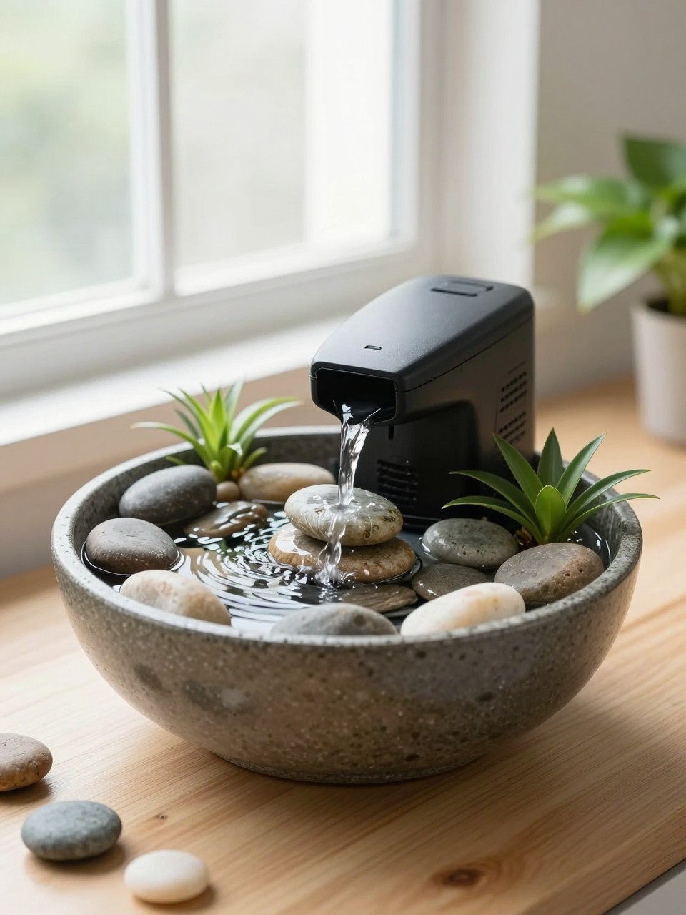 Image Prompt: A small indoor tabletop waterfall bowl, smooth stones, tiny water pump, water gently flowing over stacked pebbles, small leafy houseplants nearby, calm home decor styling, bright natural window light, realistic DSLR photo quality, no people, no watermarks on images.