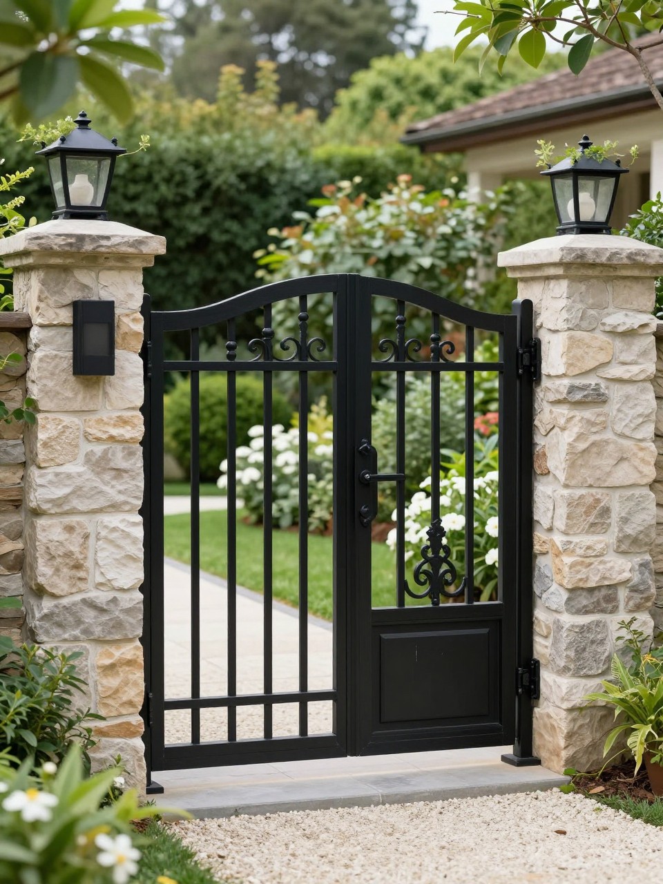 Image Prompt: An elegant backyard gate made from black decorative metal with simple scrollwork, stone pillars, lush greenery, white flowers, gravel path, refined garden entrance, premium classic outdoor design, realistic DSLR photo quality, no people, no watermarks on images.