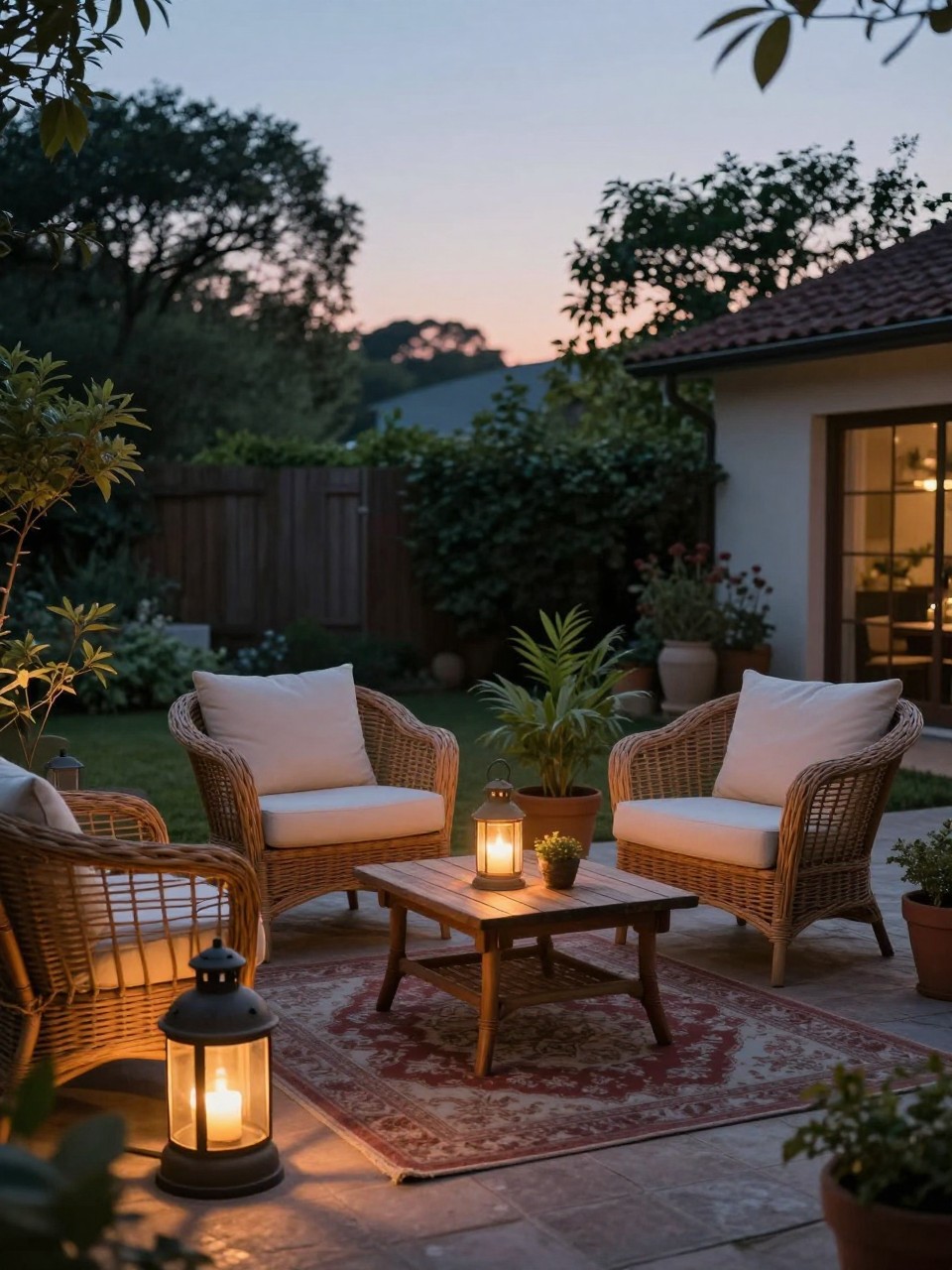 Image Prompt: A cozy vintage patio at dusk with old-style metal lanterns placed around a seating area, wicker chairs with cream cushions, small wood coffee table, outdoor rug, potted plants, warm candle-like glow, soft romantic backyard mood, no people, realistic DSLR photo, no text, no watermarks on images.