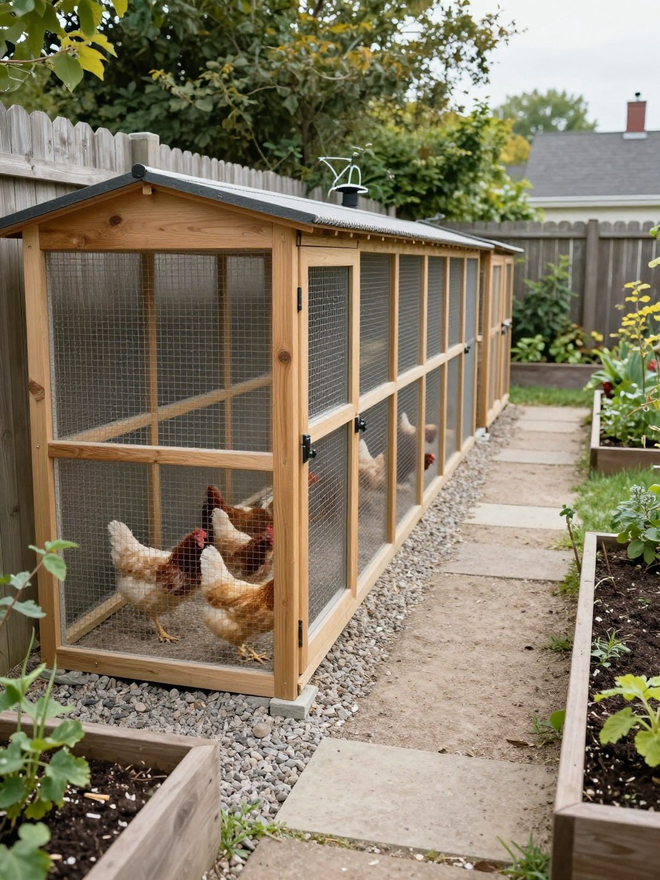 Image Prompt: A long narrow walk in chicken coop built along a backyard fence, slim wooden frame, tall wire run, small enclosed hen house at one end, full-height access door, gravel flooring, chickens walking safely inside, raised garden beds on the opposite side, tidy path between the coop and garden, space-saving backyard layout, realistic daylight, no people, no text, no watermark.