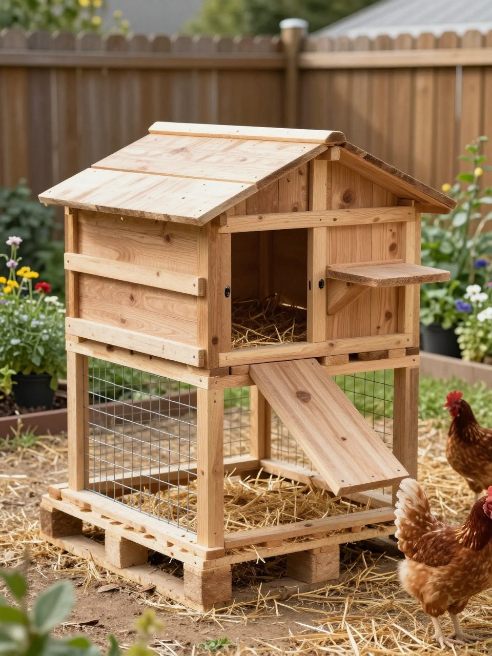 Image Prompt: A rustic pallet chicken coop with built-in external nesting boxes, reclaimed pallet siding, hinged wooden nesting box lid, small ramp, attached wire run, straw bedding, chickens walking nearby, clean backyard garden with herbs, flowers, and a wooden fence, practical DIY homestead look, warm natural light, no people, no text, no watermark.
