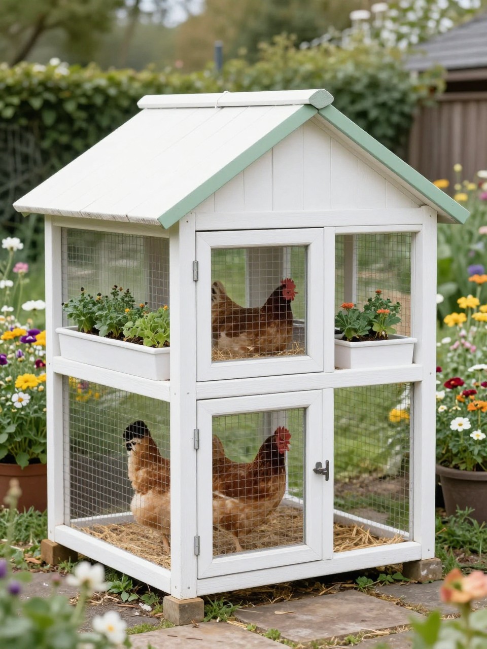 Image Prompt: A pretty white cottage-style walk in chicken coop in a flower garden, white painted wood frame, soft sage green trim, pitched roof, tall secure wire run, full-size door, small window with mesh, flower boxes filled with herbs, chickens inside on straw, blooming flowers and stone path around the coop, bright soft daylight, charming backyard garden design, no people, no text, no watermark.
