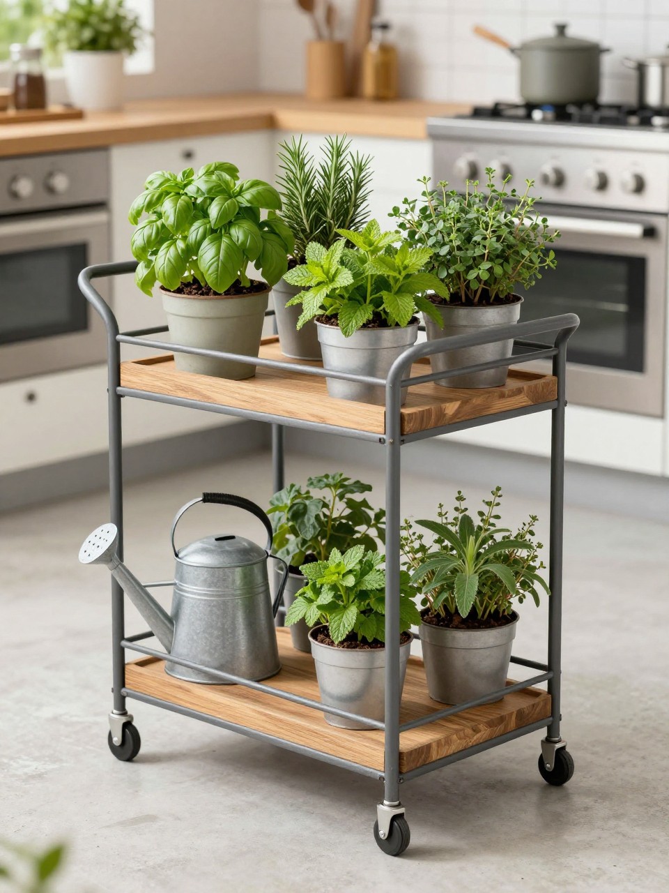 Image Prompt: A stylish rolling herb garden cart on a patio, metal cart with wooden shelves holding small pots of basil, rosemary, mint, parsley, thyme, and sage, watering can, garden scissors, light concrete floor, cozy outdoor kitchen nearby, realistic DSLR image, no people, no text, no watermarks on images.