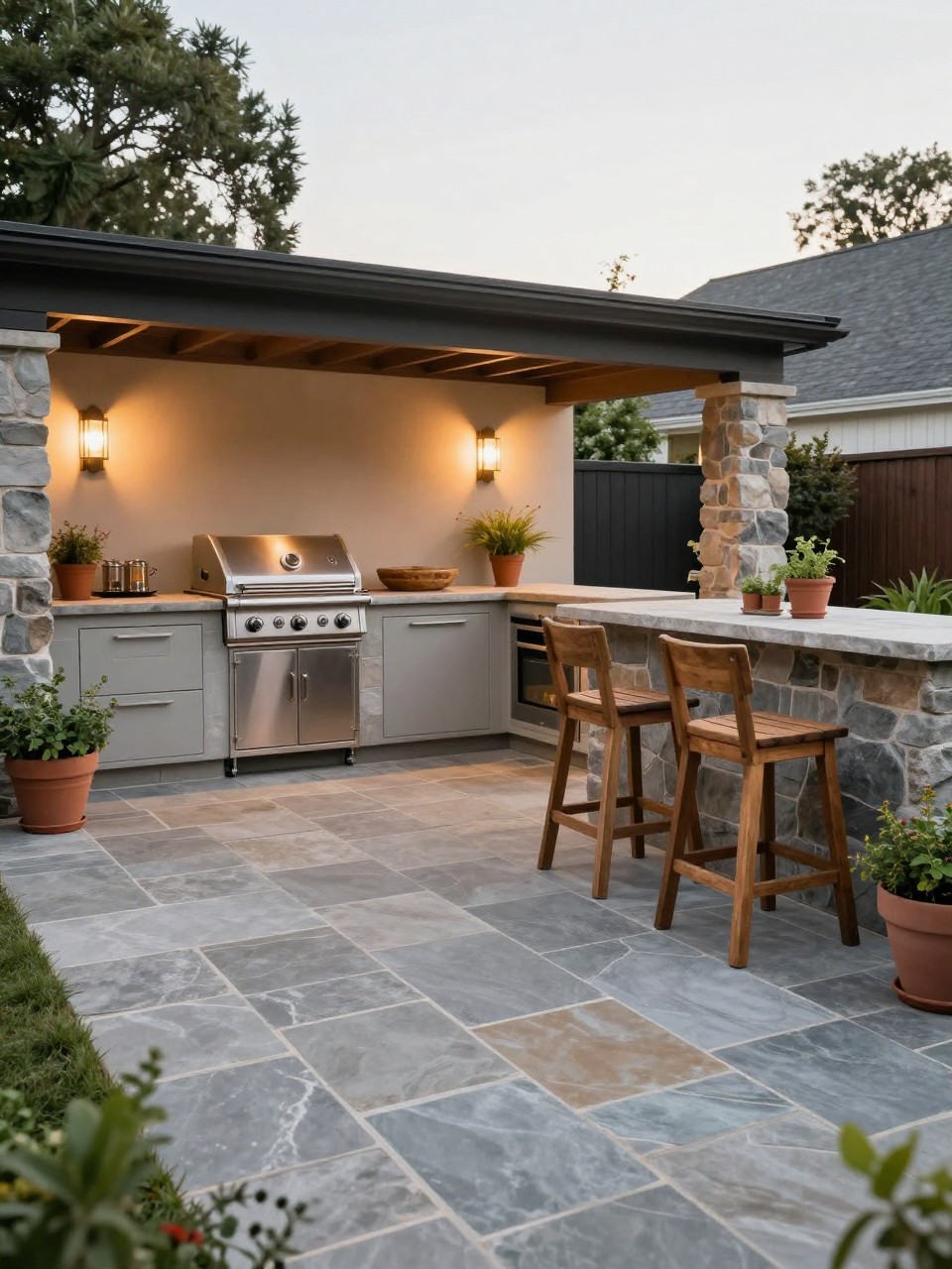 Image Prompt: A spacious backyard flagstone patio with a built-in outdoor kitchen, stone countertop, grill, wooden bar stools, natural gray and tan flagstone floor, potted herbs, warm wall lights, stylish outdoor cooking and dining space, no people, realistic DSLR photo, no text, no watermarks on images.