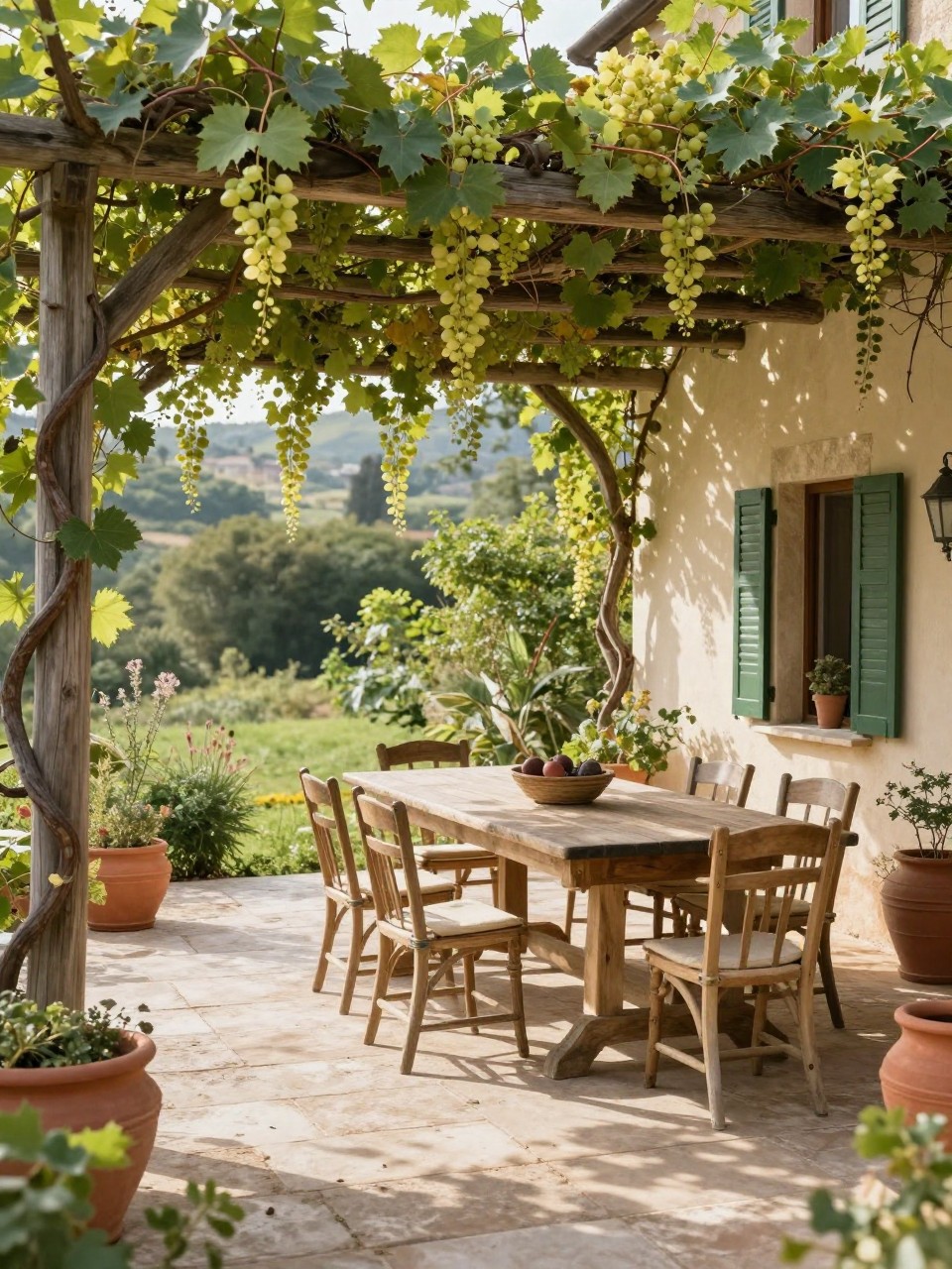 Image Prompt: A lovely Italian patio under a wooden pergola covered in climbing grapevines, stone floor, long rustic dining table, simple chairs, clay pots, soft filtered sunlight, romantic countryside patio setting, no people, realistic editorial garden photo, no text, no watermarks on images.