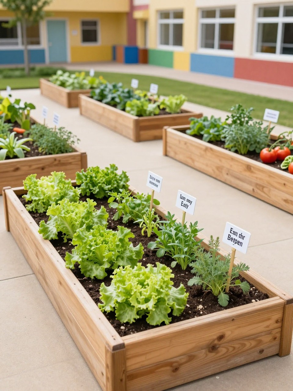 Image Prompt: A beautiful school garden with neat raised wooden vegetable beds, easy-to-read plant labels, lettuce, carrots, tomatoes, and herbs growing in rows, child-friendly layout, colorful school setting, clean pathways, cheerful and educational outdoor design, realistic DSLR photo quality, no watermarks on images.