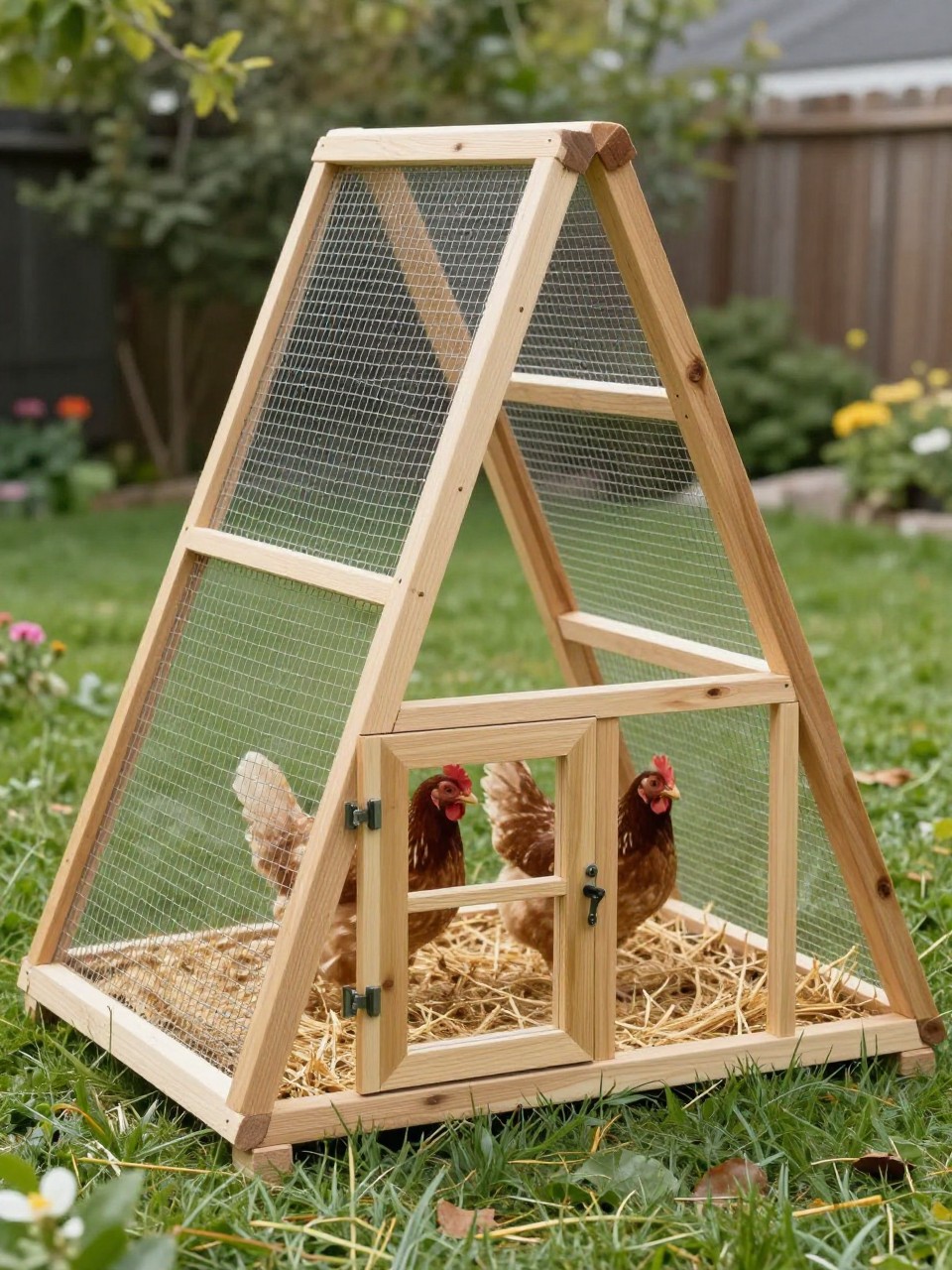 A realistic low budget A-frame chicken coop in a small backyard, triangle-shaped wooden frame, wire mesh sides, compact enclosed sleeping section, simple hinged door, fresh straw, two hens inside, grass lawn and a few flowers around the base, neat and easy beginner DIY style, natural daylight, no people, no text, (no watermarks on images).