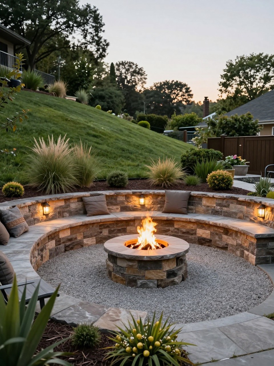 Image Prompt: A cozy slanted backyard with a built-in fire pit terrace cut into the slope, circular gravel patio, stone retaining wall, outdoor chairs, warm lighting, surrounding grasses and shrubs, premium rustic backyard design, realistic DSLR photo quality, no people, no watermarks on images.