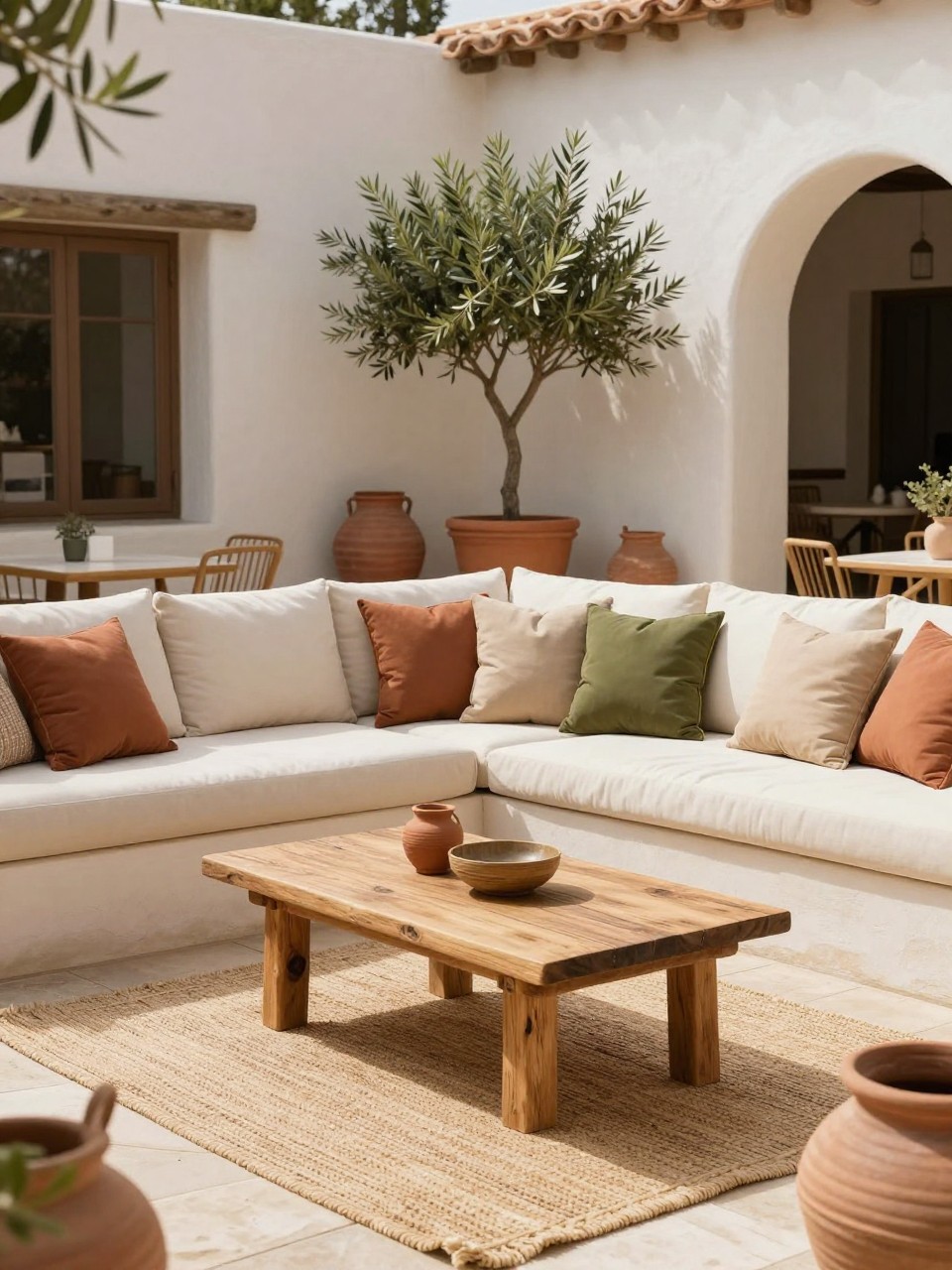 Image Prompt: A stylish Mediterranean lounge patio with cream outdoor sofa, earth-toned pillows in clay, sand, and olive shades, woven outdoor rug, rustic wood coffee table, terracotta pots, potted olive tree, pale stone floor, warm filtered sunlight, calm villa-style outdoor living space, no people, realistic DSLR photo, high detail, no text, no watermarks on images.
