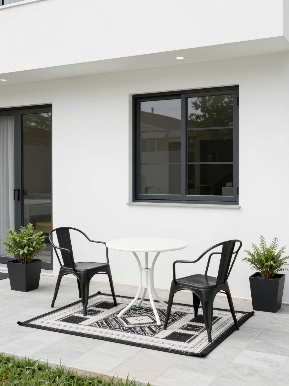 Image Prompt: A tiny modern townhouse patio with black metal chairs, small white round table, black and white outdoor rug, slim black planters with greenery, white exterior wall, clean paver floor, simple high-contrast outdoor design, no people, realistic DSLR photo, no text, no watermarks on images.