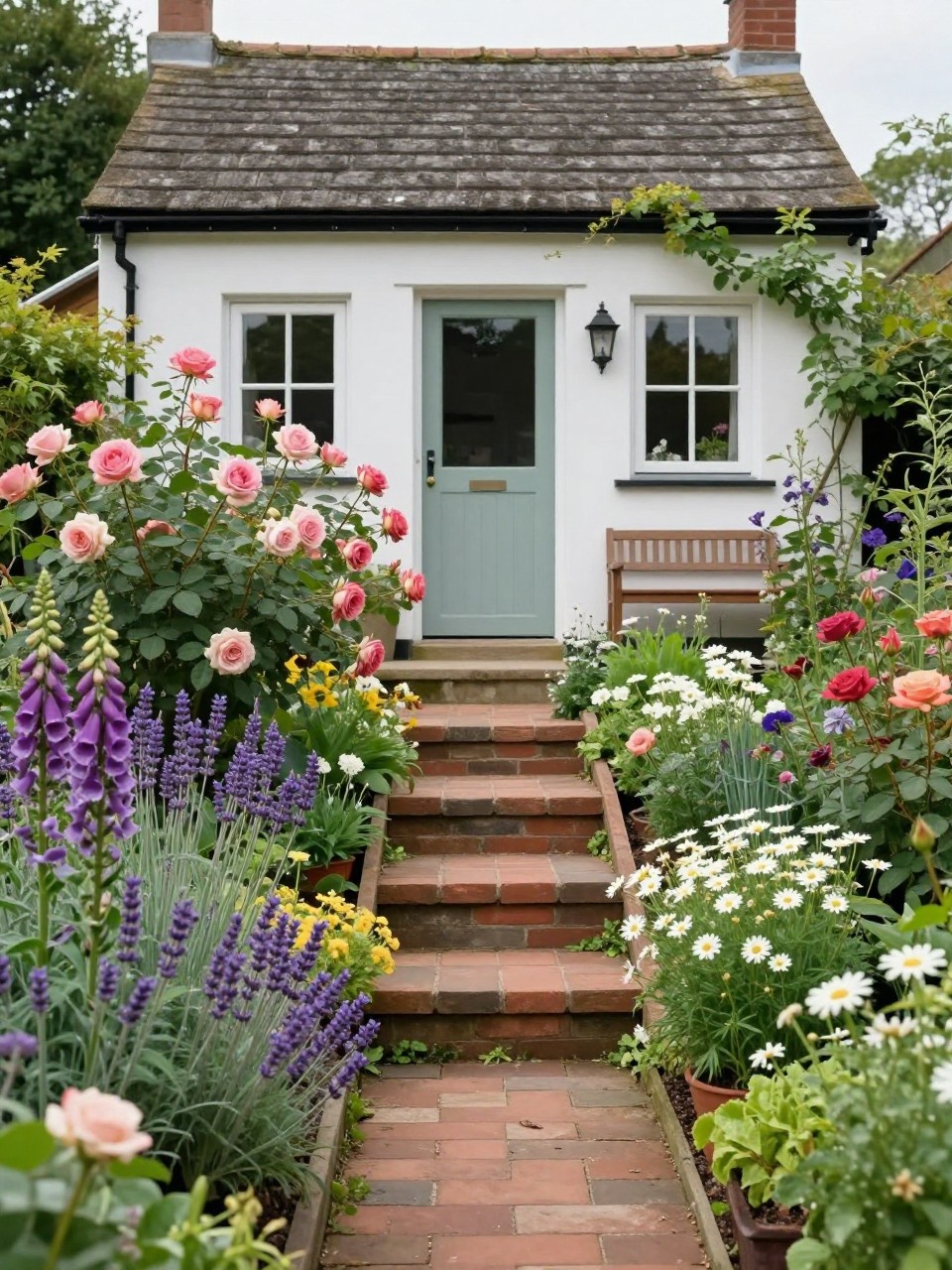 Image Prompt: A romantic two level cottage garden with narrow steps lined by roses, lavender, foxgloves, daisies, lush mixed borders, small bench on the upper level, brick path below, charming and colorful home garden design, realistic DSLR photo quality, no people, no watermarks on images.