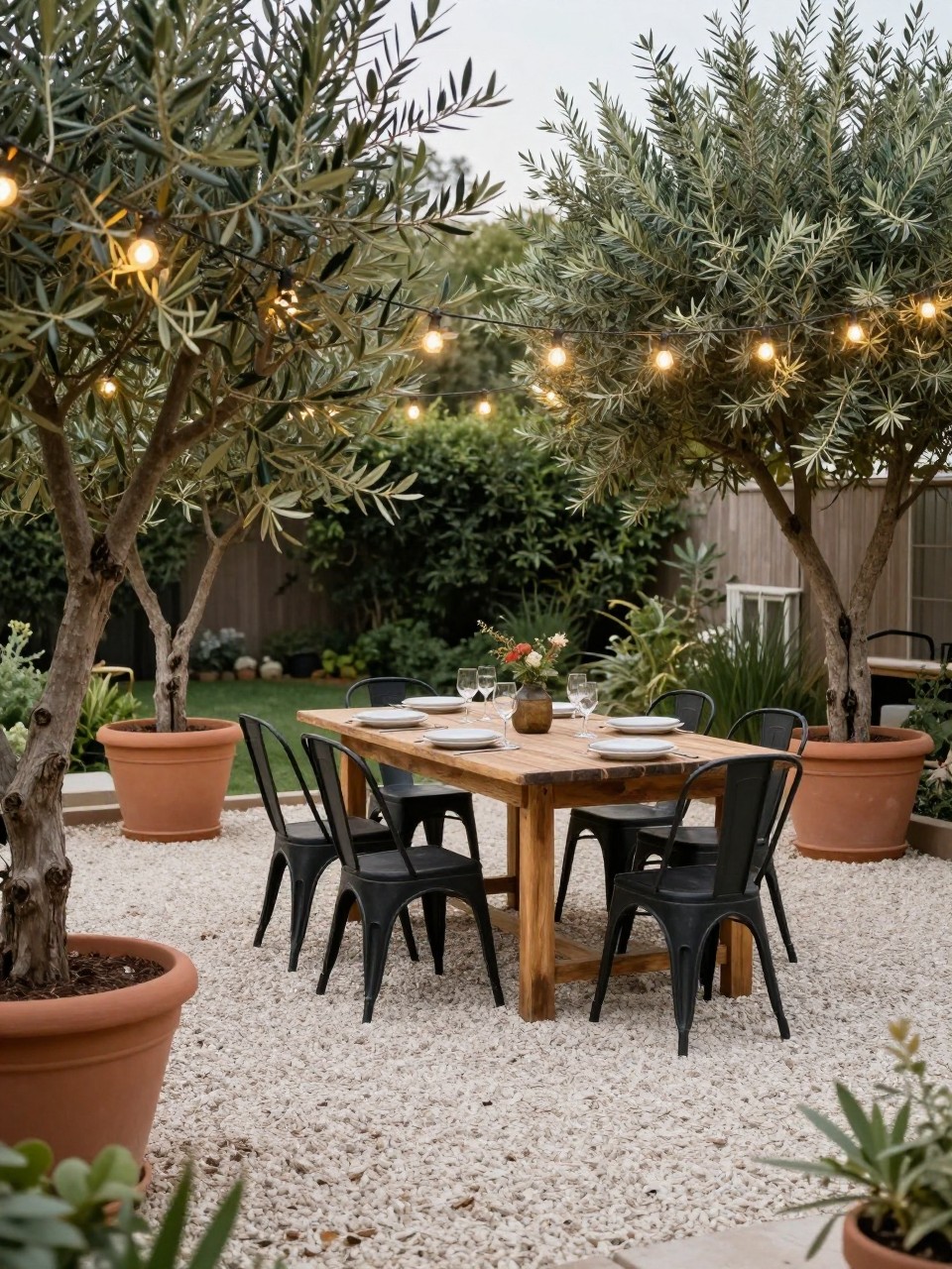 Image Prompt: A charming outdoor dining patio with light pea gravel flooring, rustic wooden dining table, black metal chairs, potted olive trees, warm outdoor string lights, simple table setting, garden border, relaxed backyard dinner setting, no people, realistic DSLR image, no text, no watermarks on images.