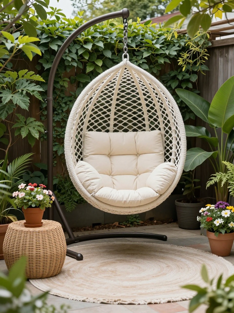 Image Prompt: A cozy backyard garden corner with a hanging egg chair swing, thick cream cushion, leafy green plants, potted flowers, woven side table, soft outdoor rug, relaxed stylish garden nook, realistic DSLR photo quality, no people, no watermarks on images.