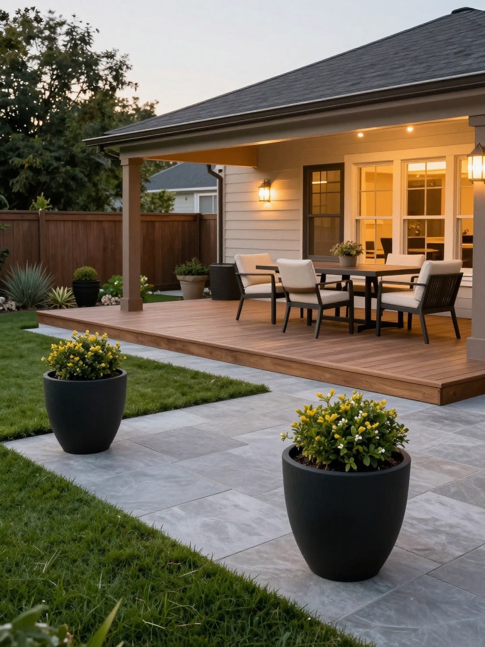 Image Prompt: A beautiful backyard deck patio combo with a wooden deck attached to the house and a lower stone patio, matching large black planters used across both spaces, cream outdoor cushions, simple dining and lounge zones, neat lawn edge, warm evening lighting, polished cohesive backyard design, no people, realistic DSLR editorial photo, no text, no watermarks on images.