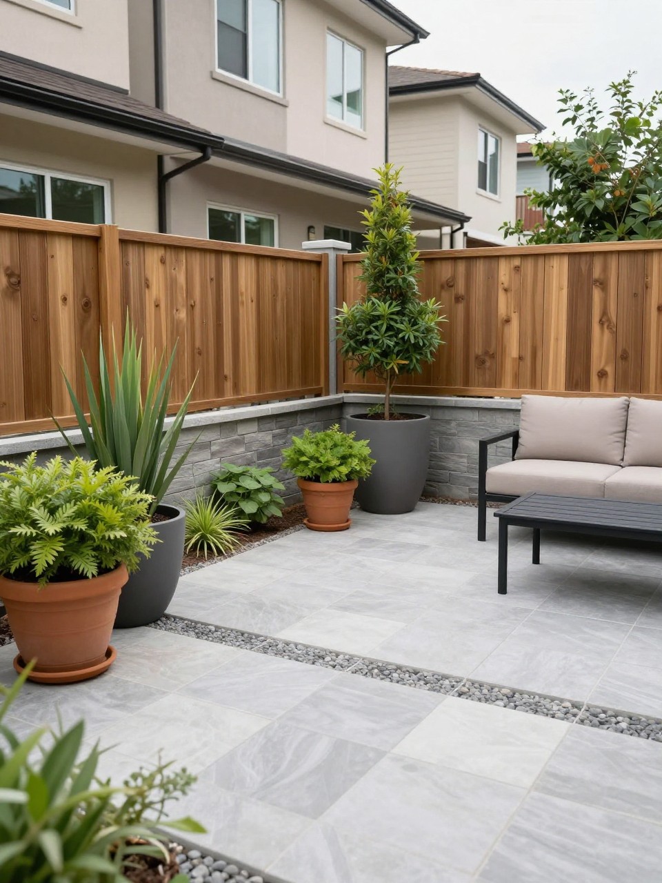 Image Prompt: A no grass townhome backyard with smooth paver patio, layered potted greenery, tall planters, small outdoor sofa, black metal side table, warm privacy fence, clean and modern compact backyard design, realistic DSLR photo quality, no people, no watermarks on images.
