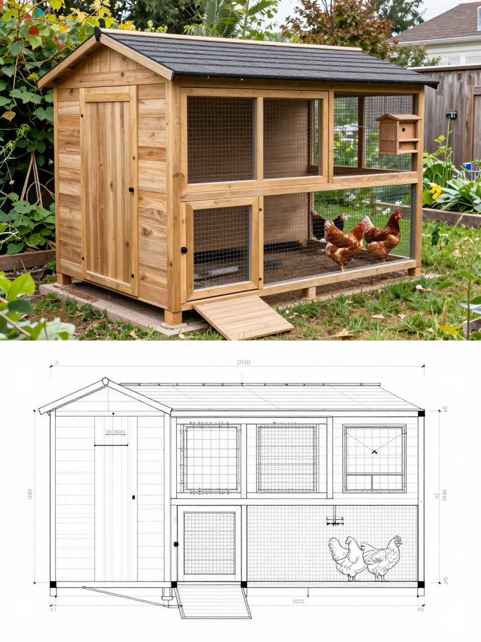 Image Prompt: A vertical 2-collage image. The top half shows a realistic garden shed converted into a large chicken coop, wooden shed with added chicken door, ramp, attached secure wire run, ventilation windows covered with mesh, exterior nesting boxes, chickens in the run, and a backyard garden setting. The bottom half shows the matching conversion plan with shed floor layout, nesting box placement, roosting bar locations, window ventilation marks, chicken door location, run attachment, and measured blueprint-style notes. The finished coop and plan should clearly match. Realistic, practical, no people, no text, (no watermarks on images).