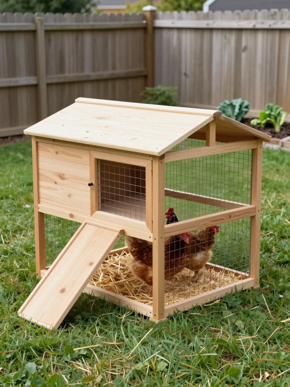 A realistic beginner-friendly low budget box-style chicken coop, simple rectangular wooden structure, sloped roof, one side nesting box, small ramp, attached wire run, straw bedding, two hens inside, backyard lawn with a wood fence and simple vegetable bed nearby, clean and useful DIY weekend project look, natural daylight, no people, no text, (no watermarks on images).