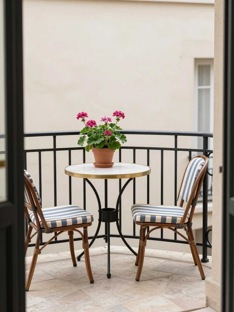 Image Prompt: A compact European patio inspired by a Parisian balcony, black metal railing, small cafe table and chairs, potted geraniums, striped cushion, light stone floor, soft neutral wall, elegant small-space outdoor design, no people, realistic DSLR photo, no text, no watermarks on images.