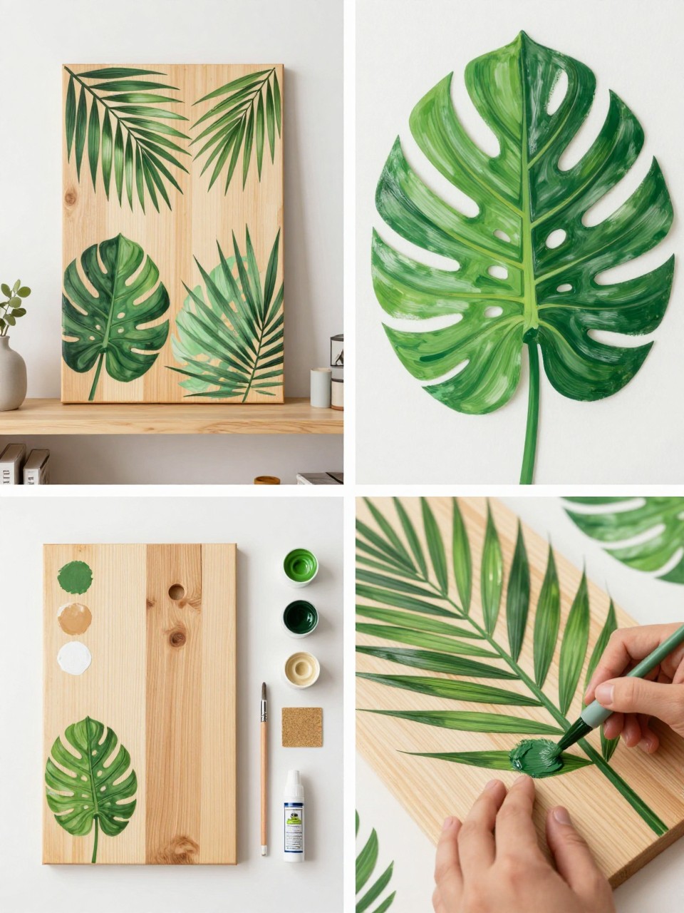 A realistic editorial 2x2 collage grid showing a DIY palm leaf wooden shelf sign, top-left finished natural wood sign with painted palm leaves, monstera leaves, and soft green accents displayed on a living room shelf, top-right close-up of leaf veins and layered green paint, bottom-left flat lay of wood board, green, white, tan, and dark green paints, brushes, pencil, leaf reference, sandpaper, and sealer, bottom-right cropped hands painting a long palm leaf on wood, tropical summer home decor craft setting, no faces, no text, no watermark on images.