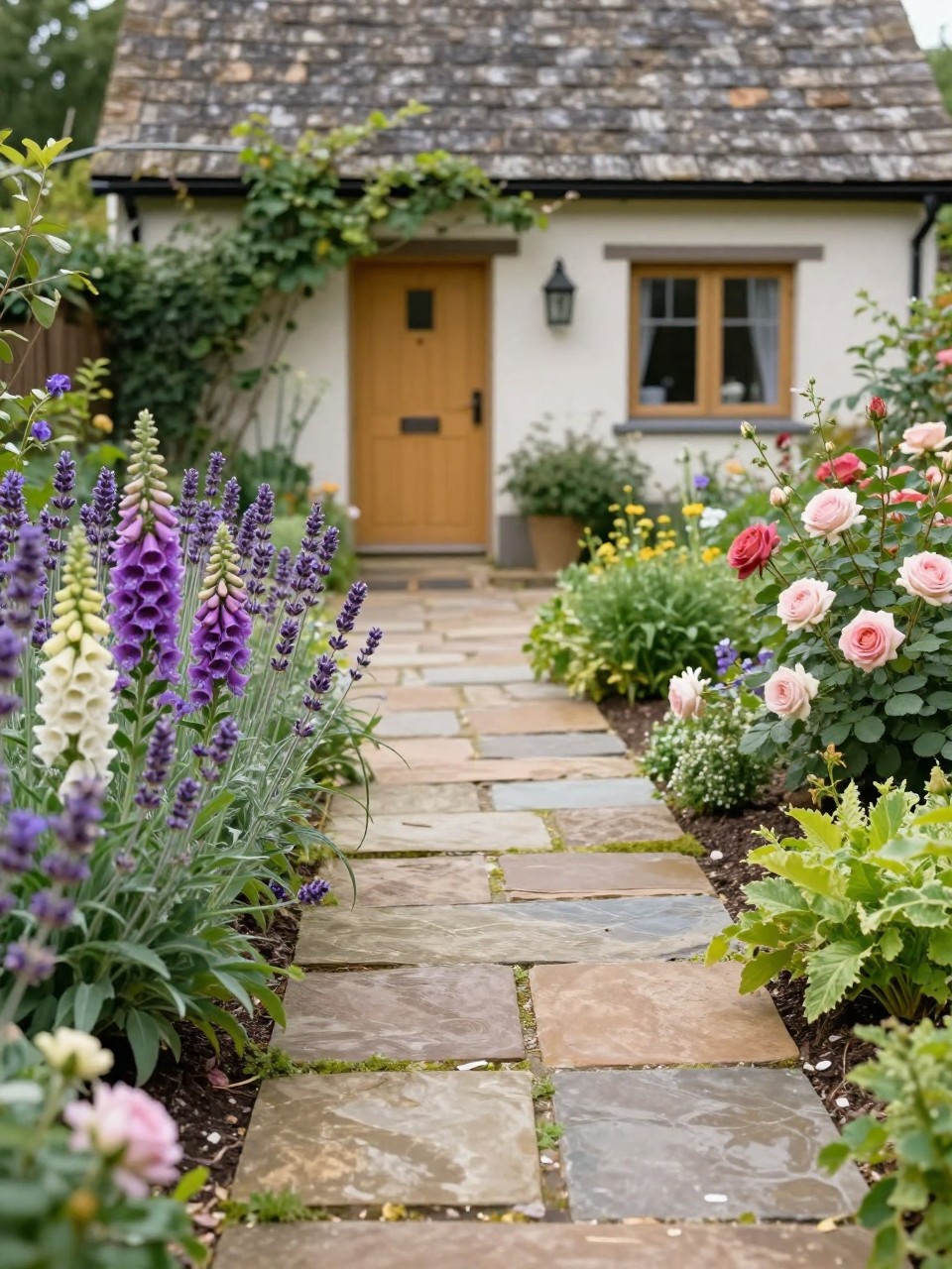 Image Prompt: A charming cottage-style side yard with irregular stone path, soft ground cover between stones, foxgloves, lavender, roses, leafy green borders, warm home exterior, romantic garden walkway design, realistic DSLR photo quality, no people, no watermarks on images.