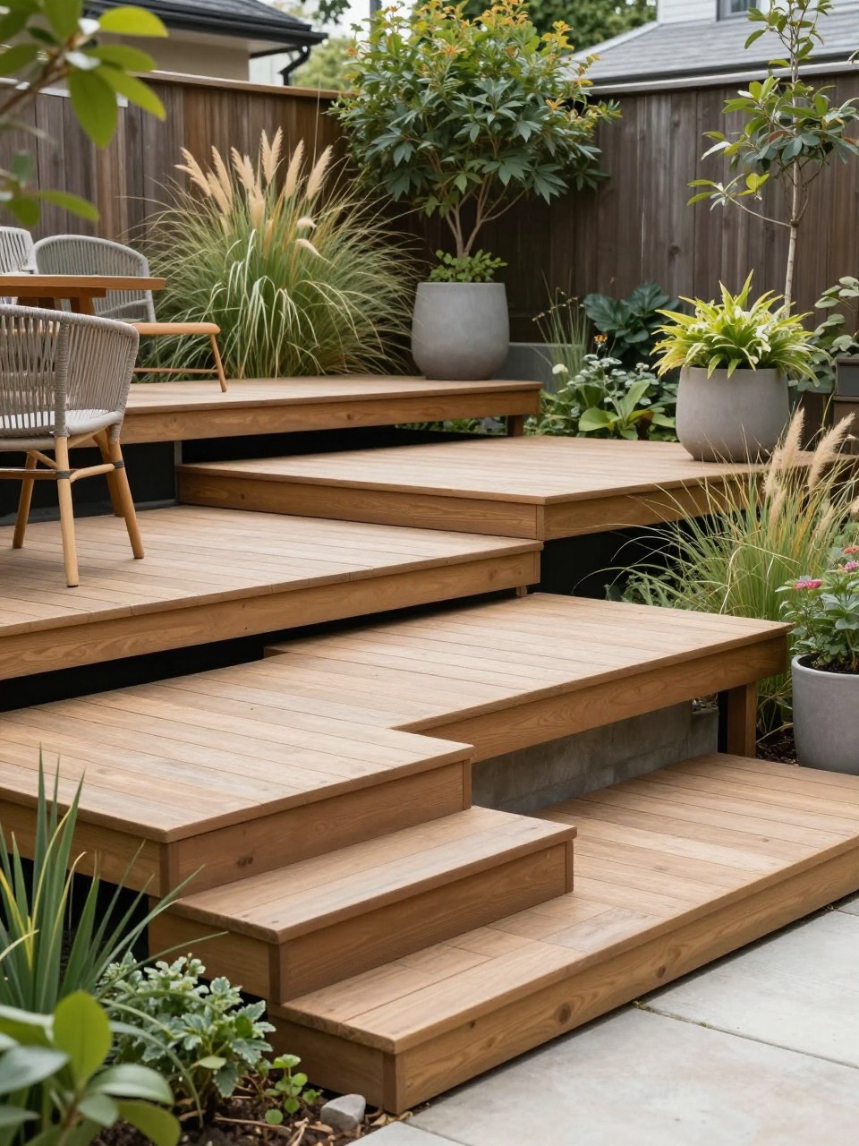 Image Prompt: A creative slanted backyard with multiple wooden decking platforms at different heights, connected by steps, outdoor chairs, large planters, soft grasses, modern rustic garden design, realistic DSLR photo quality, no people, no watermarks on images.