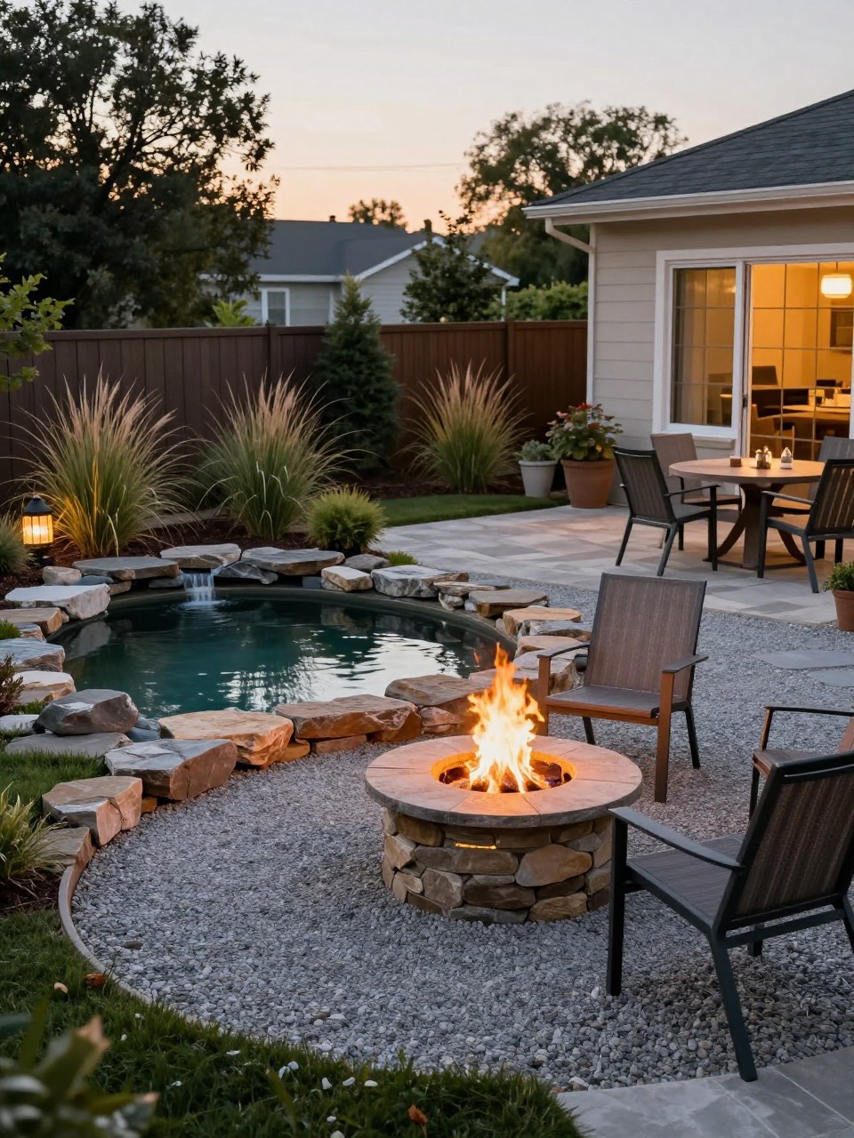 Image Prompt: A beautiful backyard design with a small pond near a cozy fire pit seating area, natural stone pond edge, circular gravel patio, outdoor chairs, ornamental grasses, warm evening lighting, peaceful and stylish backyard layout, realistic DSLR photo quality, no people, no watermarks on images.