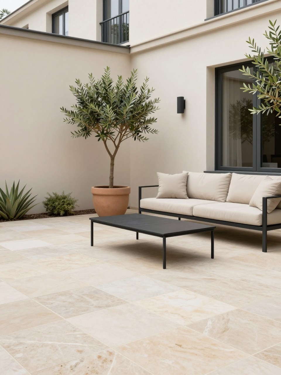Image Prompt: A modern European patio with large pale limestone pavers, sleek outdoor sofa with beige cushions, black metal coffee table, potted olive trees, minimal wall lights, cream exterior wall, calm city garden mood, bright natural light, no people, photorealistic DSLR image, no text, no watermarks on images.