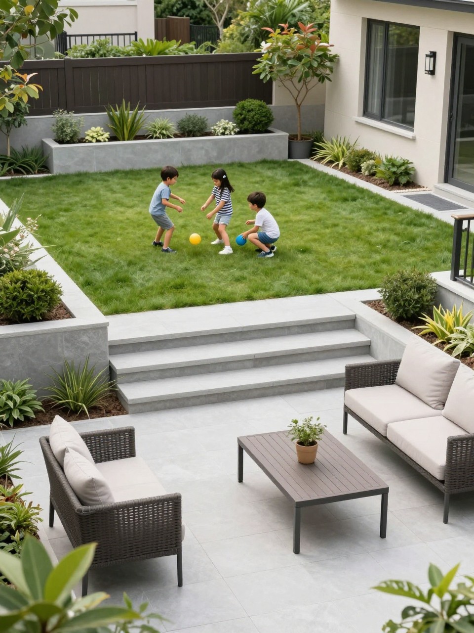 Image Prompt: A beautiful family two level garden with an upper soft lawn for children to play, lower adult seating patio with outdoor sofa and coffee table, safe wide steps, raised planters, neat planting borders, stylish and family-friendly backyard design, realistic DSLR photo quality, no people, no watermarks on images.