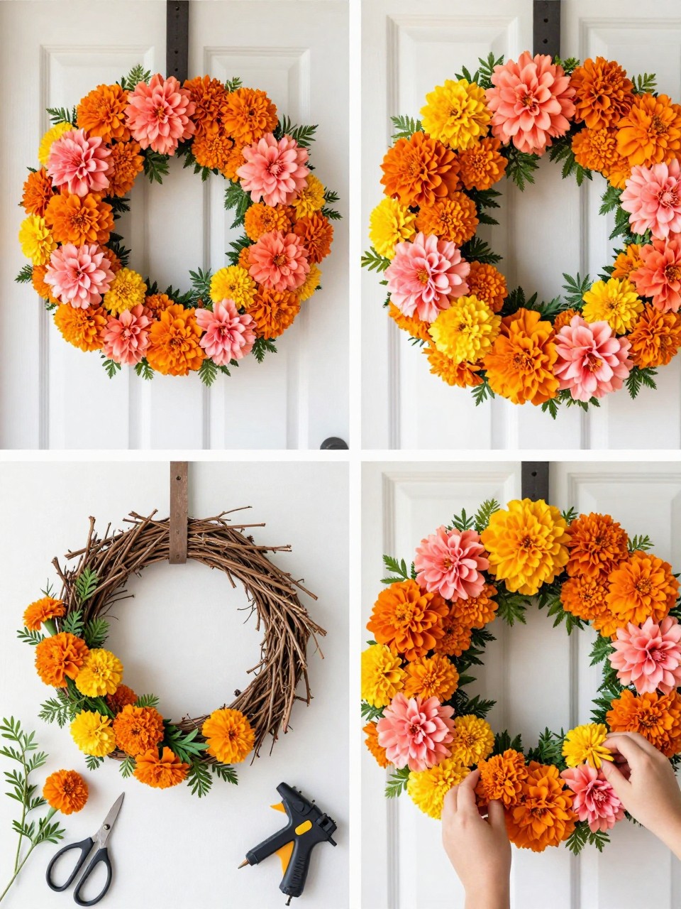 A realistic editorial 2x2 collage grid showing a pink and orange marigold summer wreath, top-left finished wreath on a white door with faux marigolds in orange, coral, pink, and yellow, top-right close-up of layered marigold blooms and green leaves, bottom-left flat lay of grapevine wreath base, marigold stems, greenery, floral wire, scissors, and hot glue gun, bottom-right cropped hands arranging marigolds into a full wreath shape, bright summer floral porch styling, no faces, no text, no watermark on images.