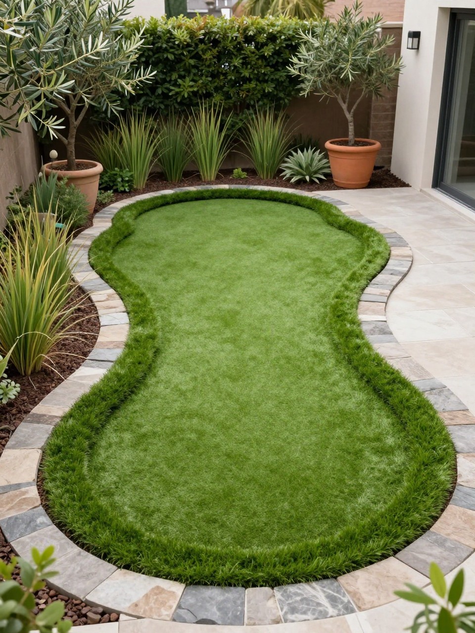 Image Prompt: A beautiful small backyard putting green with smooth artificial turf, gentle curves, stone edging, surrounding ornamental grasses, potted olive trees, modern patio nearby, premium low-maintenance garden design, realistic DSLR photo quality, no people, no watermarks on images.
