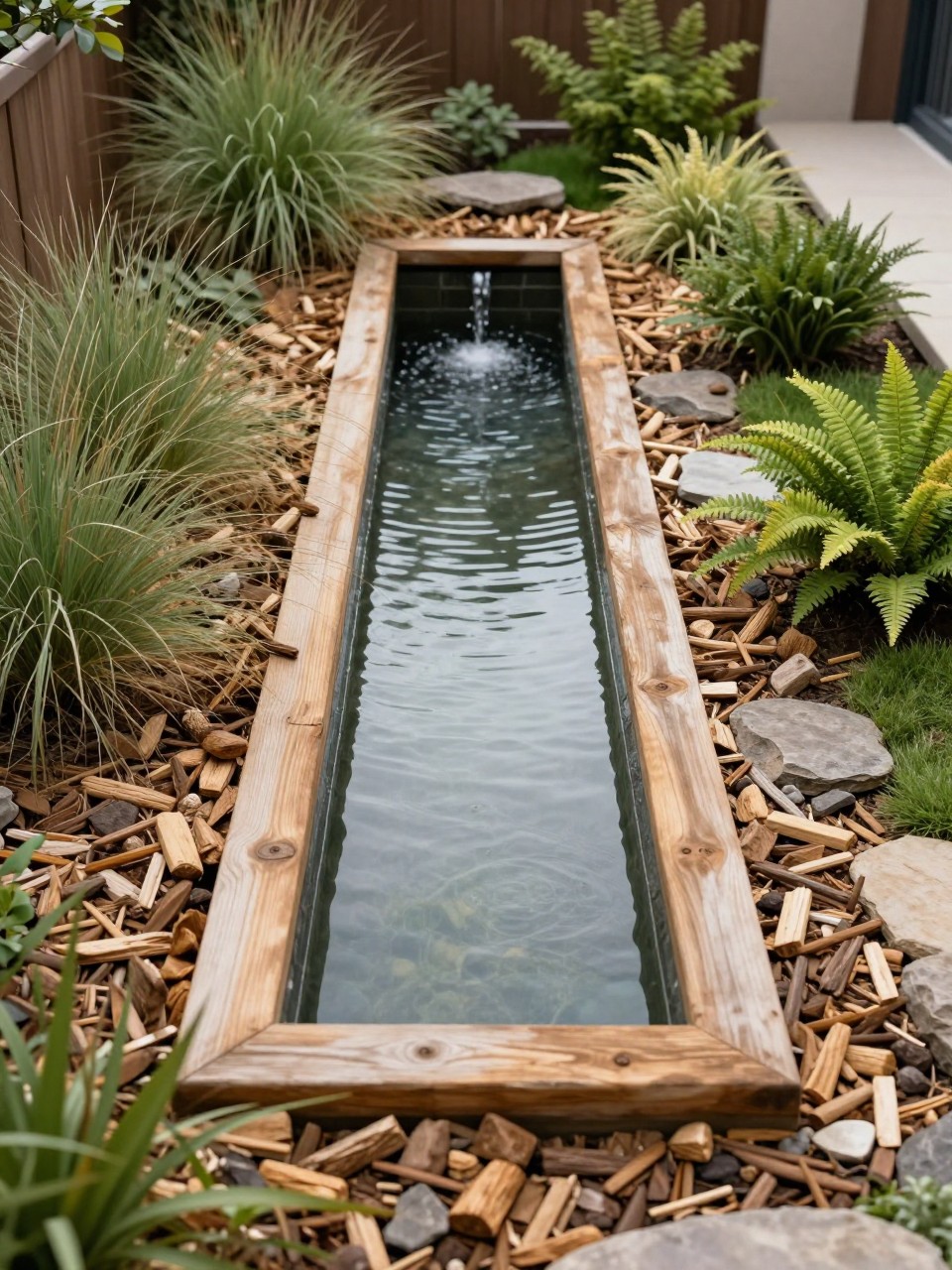 Image Prompt: A unique garden water feature framed with timber sleepers, small reflective pond or narrow rill, soft grasses, ferns, stone edging, modern rustic backyard design, calm and peaceful outdoor atmosphere, realistic DSLR photo quality, no people, no watermarks on images.