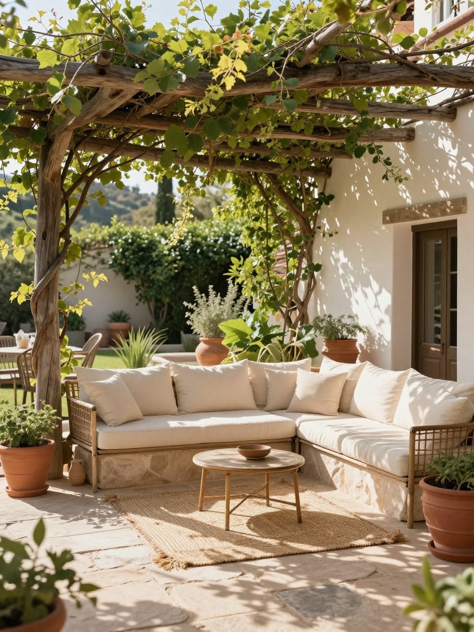 Image Prompt: A lovely Mediterranean patio under a rustic wooden pergola, climbing vines overhead, stone paver floor, outdoor sofa with cream cushions, terracotta pots, woven rug, soft filtered sunlight, relaxed shaded garden retreat, no people, realistic DSLR photo, no text, no watermarks on images.