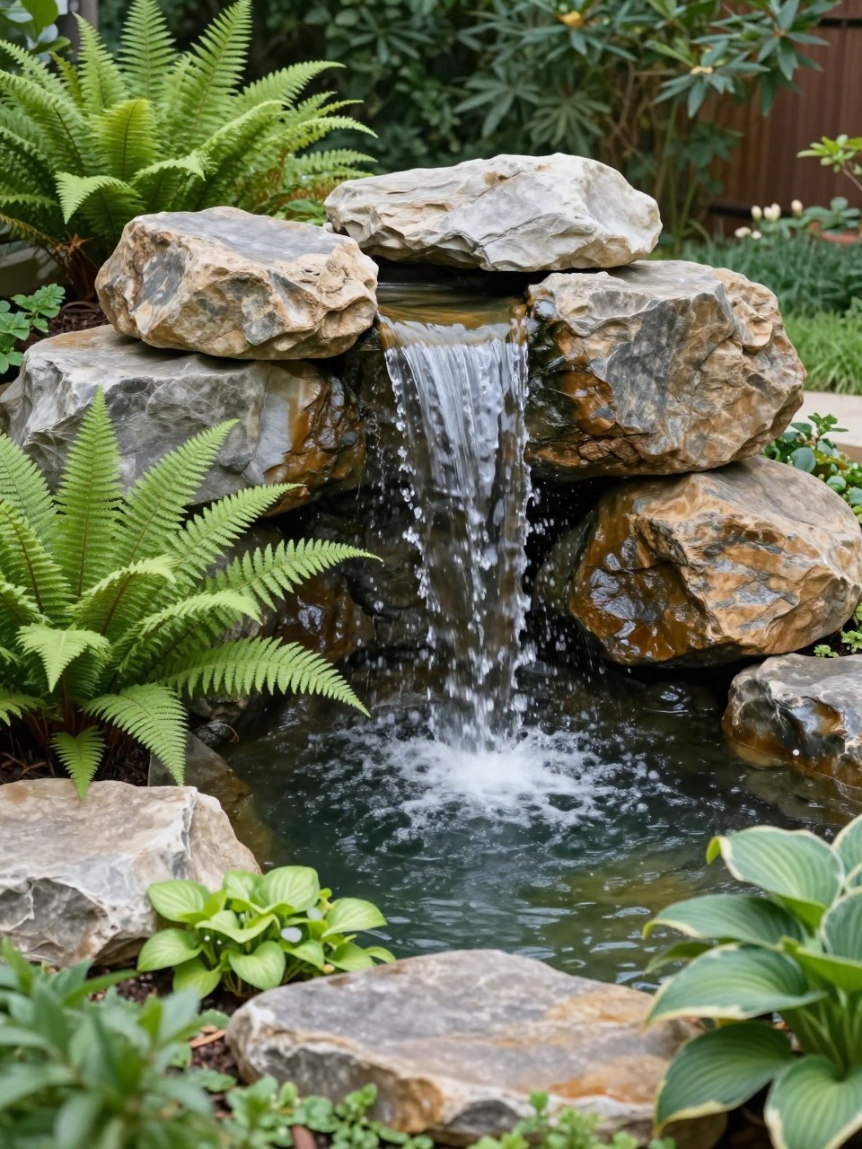 Image Prompt: A stunning homemade garden waterfall flowing over large natural boulders into a small pond, lush greenery, ferns, hostas, water plants, peaceful backyard setting, premium natural water feature design, realistic DSLR photo quality, no people, no watermarks on images.