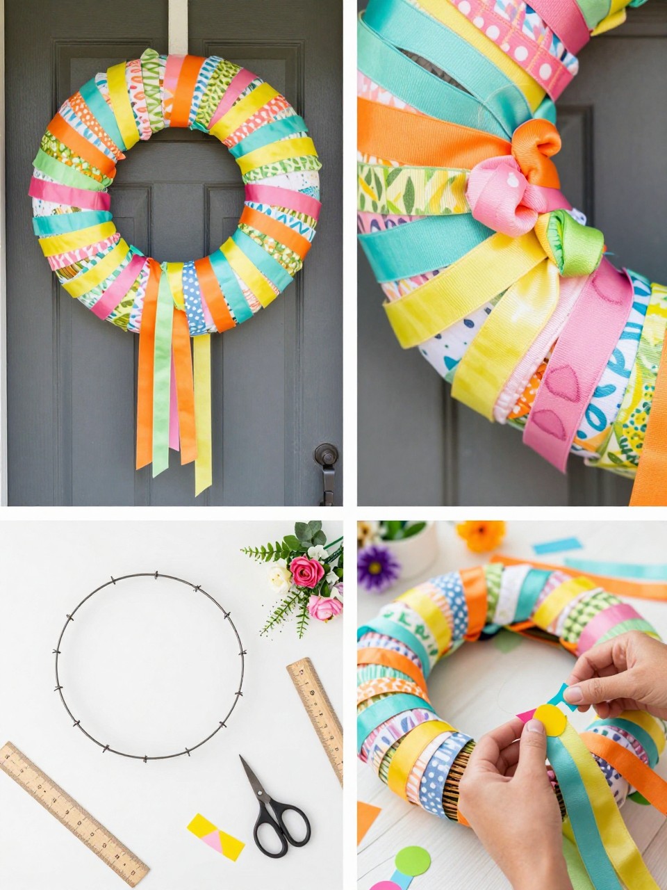 A realistic editorial 2x2 collage grid showing a bright ribbon scrap summer wreath, top-left finished wreath on a front door made with tied ribbon scraps in pink, yellow, orange, aqua, green, and white, top-right close-up of tied ribbon knots and mixed patterns, bottom-left flat lay of wire wreath form, ribbon scraps, scissors, ruler, and floral wire, bottom-right cropped hands tying ribbon pieces onto the wreath form, colorful DIY summer craft table, no faces, no text, no watermark on images.