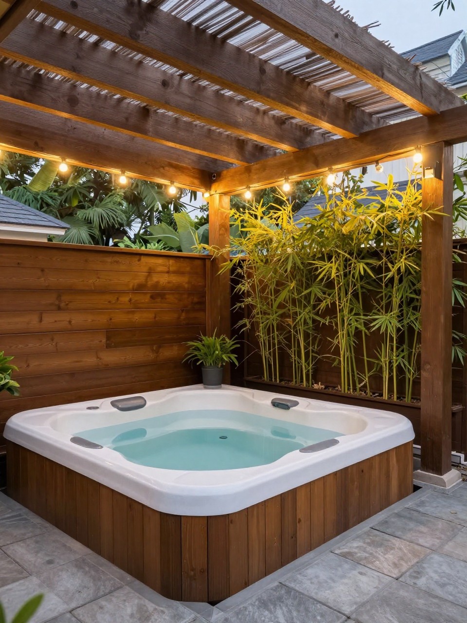Image Prompt: A relaxing under deck patio with a small hot tub tucked into one corner, wood privacy screen, potted bamboo, warm string lights under the deck beams, stone paver floor, cozy spa-like backyard setting, no people, realistic DSLR photo, no text, no watermarks on images.