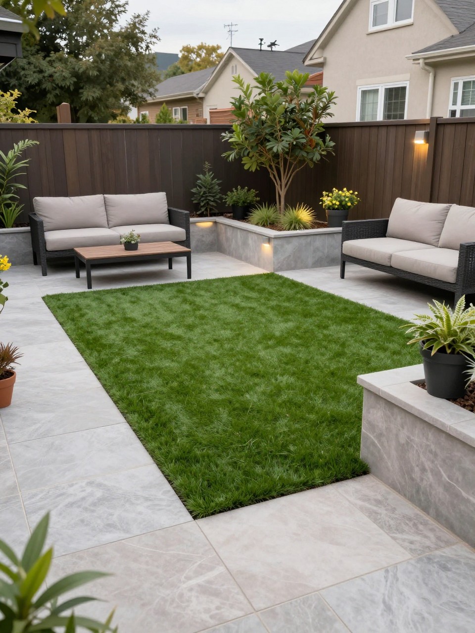 Image Prompt: A stylish backyard with no natural grass, small artificial turf accent area, large pavers, raised planters, outdoor sofa, modern garden lighting, clean family-friendly patio layout, realistic DSLR photo quality, no people, no watermarks on images.