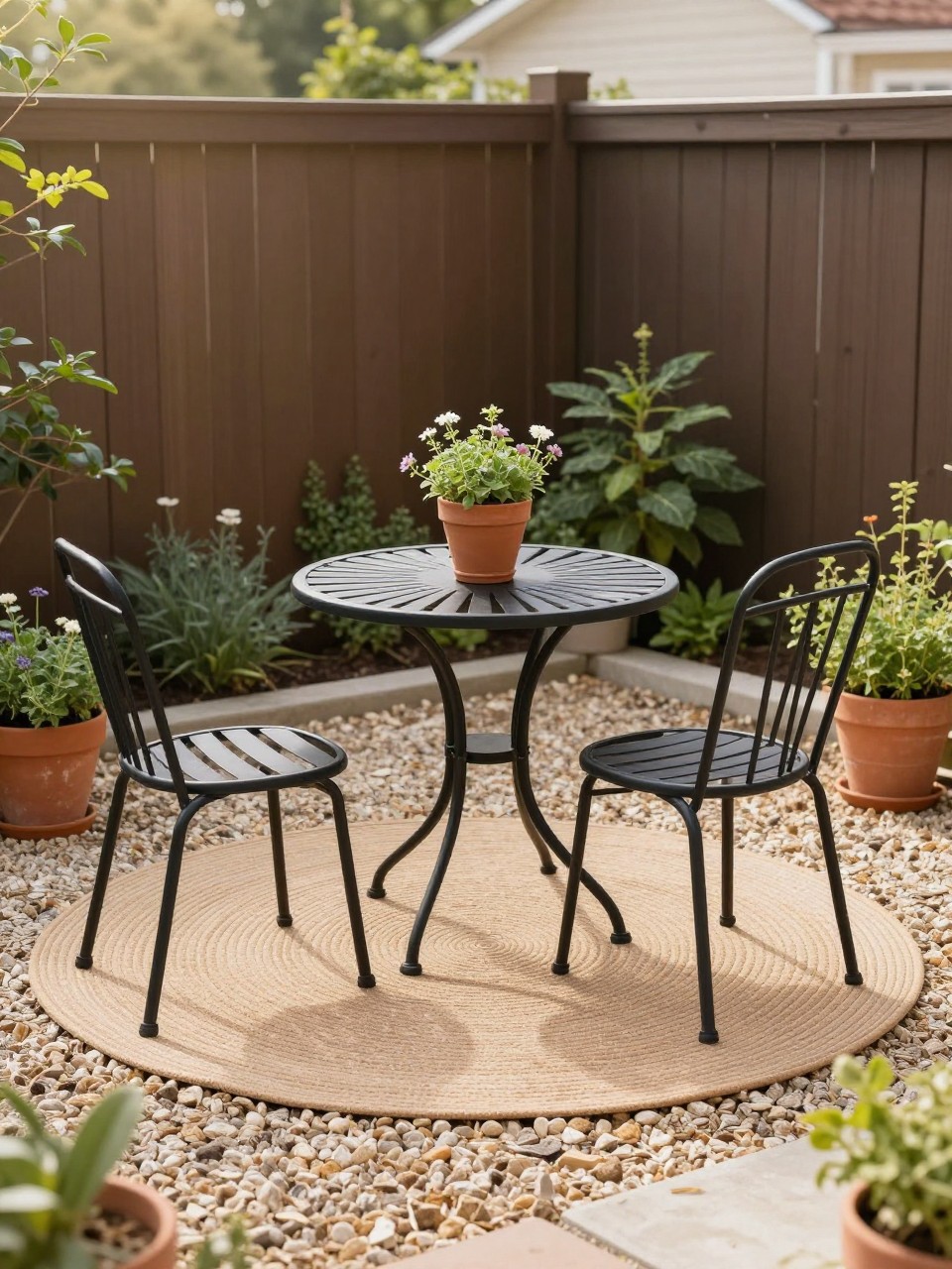 Image Prompt: A small backyard patio with a round outdoor rug under a black metal bistro table and two chairs, terracotta pots with herbs and flowers, light gravel border, cozy compact patio nook, warm morning light, charming small-space garden design, no people, realistic DSLR photo, no text, no watermarks on images.