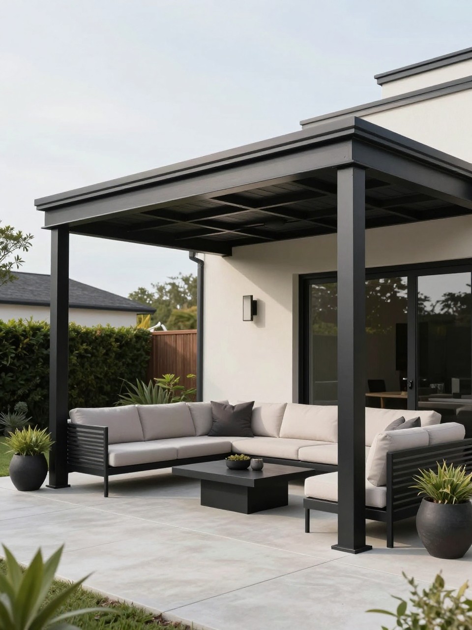 Image Prompt: A modern patio roof attached to a light-colored house, black metal frame, flat roof design, sleek outdoor sectional, black coffee table, concrete patio floor, sculptural planters, clean backyard landscaping, stylish high-contrast outdoor living area, no people, realistic DSLR photo, no text, no watermarks on images.