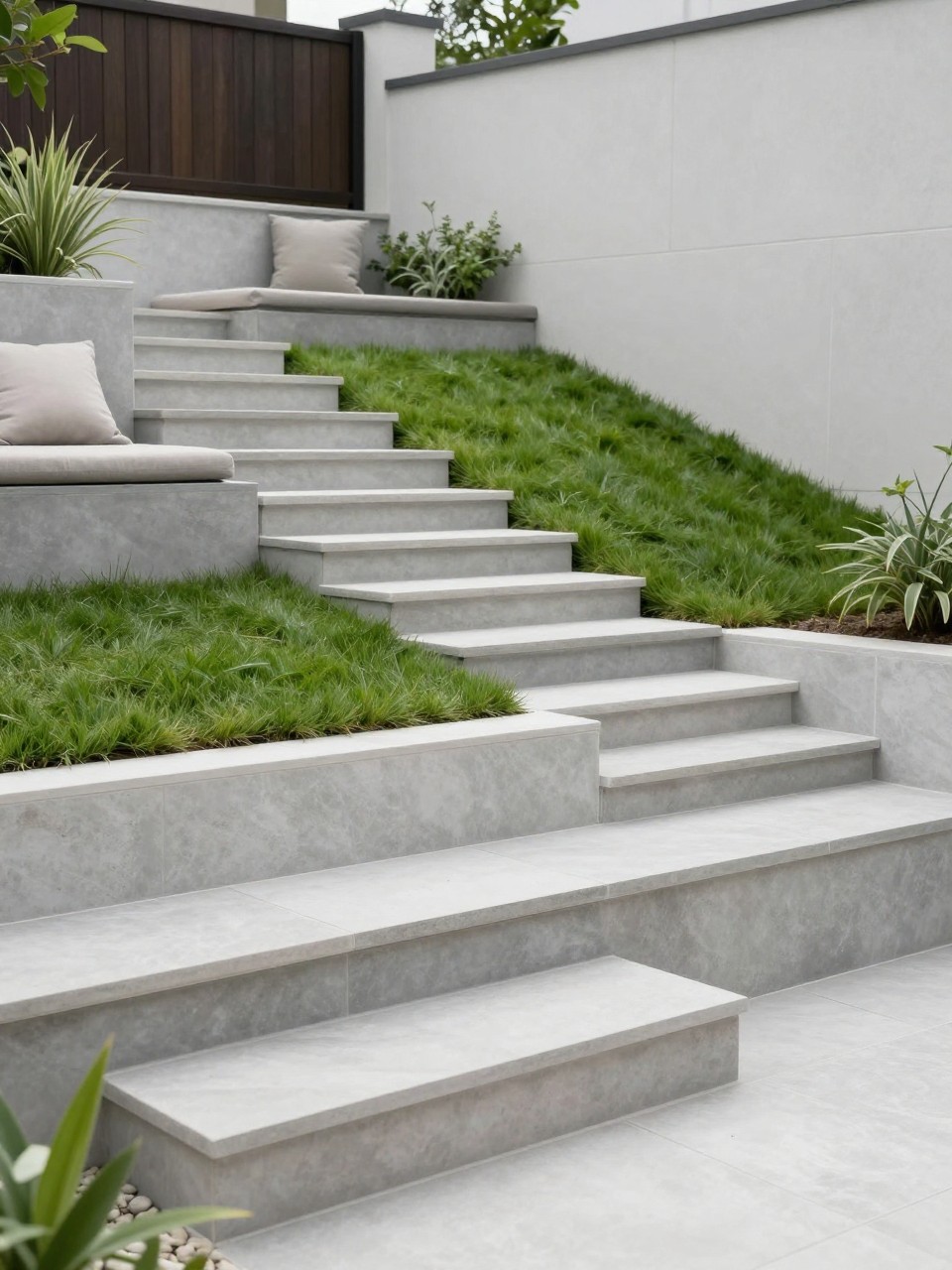 Image Prompt: A modern slanted backyard with terraced seating steps built into the slope, smooth stone or concrete steps, soft lawn sections, outdoor cushions, minimal planting, clean family-friendly backyard design, realistic DSLR photo quality, no people, no watermarks on images.