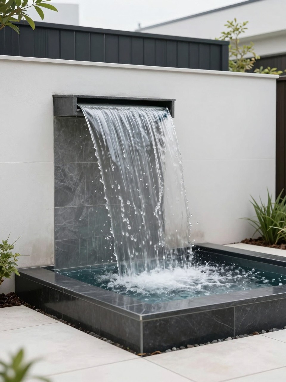 Image Prompt: A sleek homemade spillway waterfall built into a modern garden wall, water flowing in a smooth sheet into a rectangular basin, pale stone paving, minimal planting, black accents, premium contemporary patio design, realistic DSLR photo quality, no people, no watermarks on images.