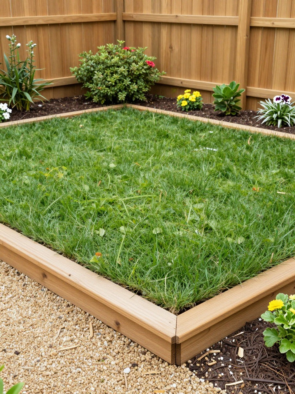 Image Prompt: A neat home garden with timber sleeper edging around a small green lawn, flower borders beyond, gravel path, soft shrubs, clean and tidy backyard design, warm natural wood details, realistic DSLR photo quality, no people, no watermarks on images.