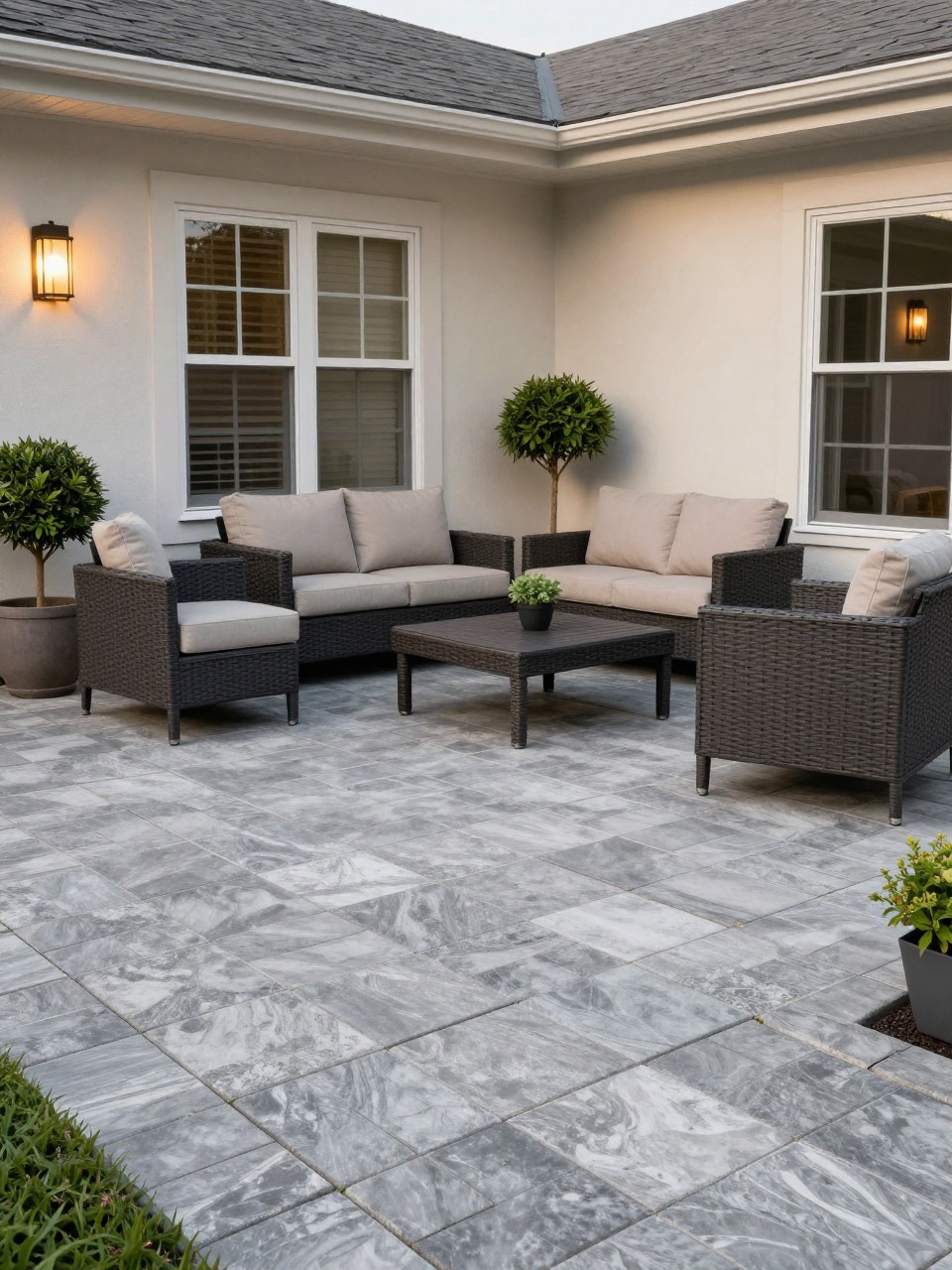 Image Prompt: A polished under deck patio with gray square pavers laid in a neat pattern, outdoor sofa and two matching chairs, low coffee table, potted boxwood plants, warm wall sconces on the house exterior, clean shaded patio design, no people, realistic DSLR photo, no text, no watermarks on images.