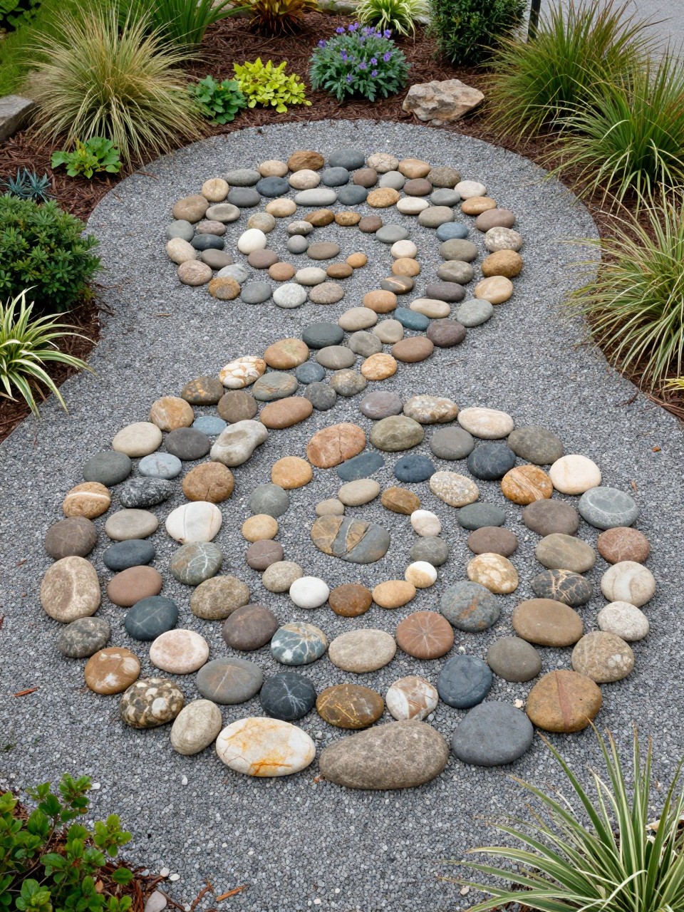 Image Prompt: A stunning garden rock art spiral made from smooth stones in different natural shades, arranged on gravel or mulch, surrounded by low plants and ornamental grasses, calm and artistic outdoor landscape feature, realistic DSLR photo quality, no people, no watermarks on images.